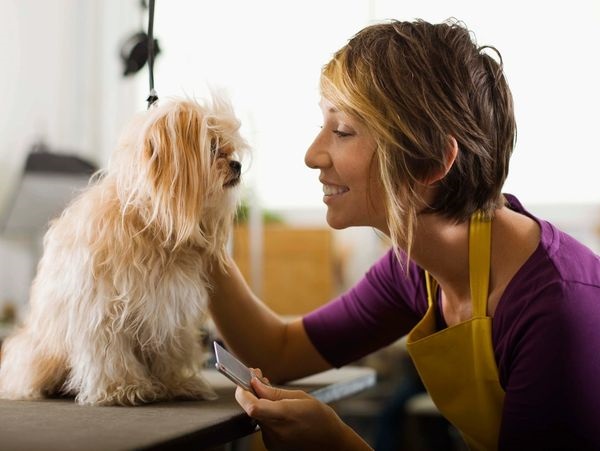 A woman holding onto the chin of a small dog.